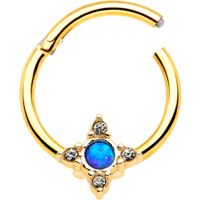 16G 3/8 Blue Synthetic Opal Gold Hue Rhombus Hinged Segment Ring