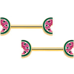14G 9/16 Gold Tone Watermelon Bite Barbell Nipple Ring Set