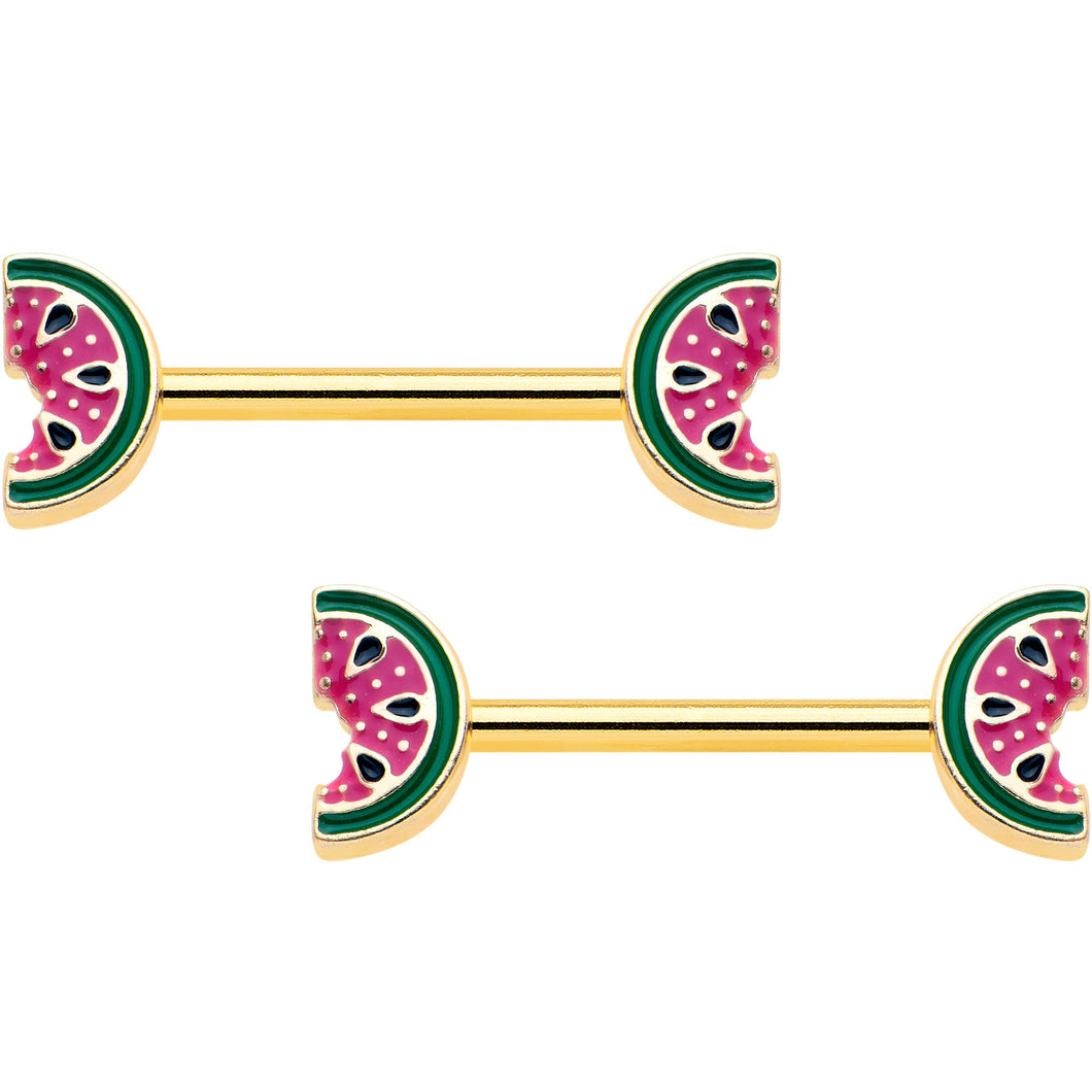 14G 9/16 Gold Tone Watermelon Bite Barbell Nipple Ring Set