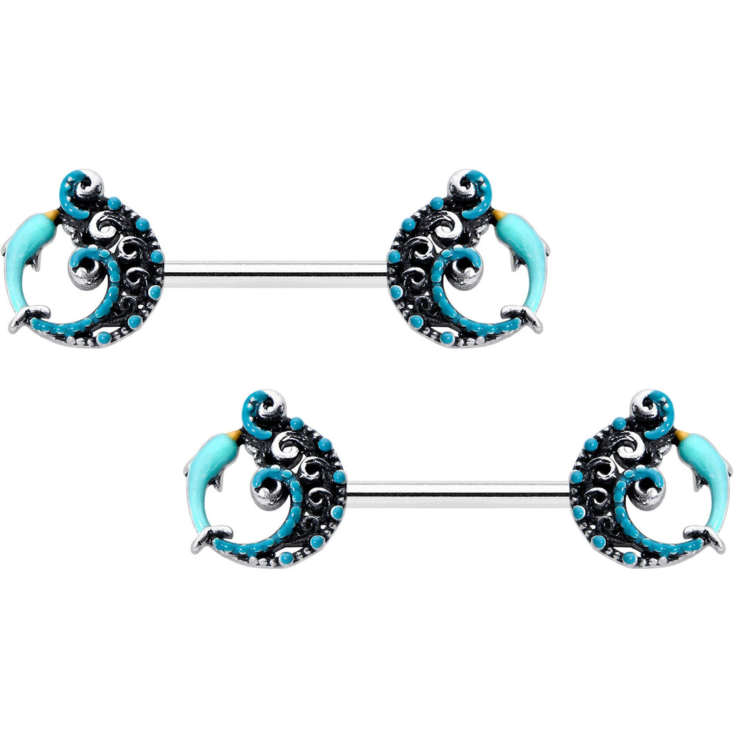 14G 9/16 Leaping Blue Dolphin Barbell Nipple Ring Set