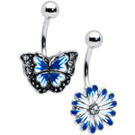 Clear Gem Butterfly Flower Blue White Belly Ring Set of 2