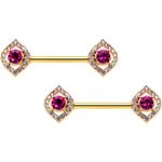 14G 9/16 Clear Pink Gem Gold Tone Open Eye Barbell Nipple Ring Set