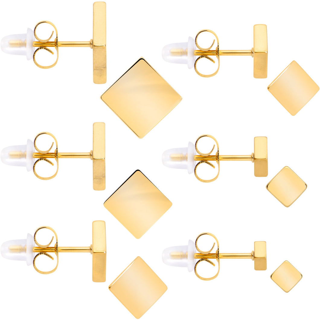 3mm-8mm Square Stud Gold Tone 316L Stainless Steel Earrings 6 Pack