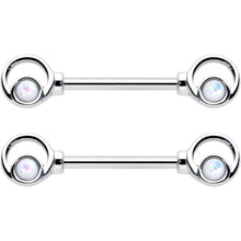 14G 1/2 White Faux Opal Double Circle Barbell Nipple Ring Set