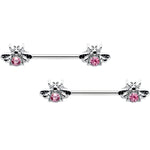 14G 9/16 Pink Gem Bee Beautiful Insect Barbell Nipple Ring Set