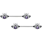 14G 9/16 Purple Gem Bee Beautiful Insect Barbell Nipple Ring Set