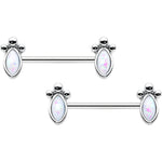 14G 9/16 White Faux Opal Deco Ovals Barbell Nipple Ring Set