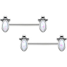 14G 9/16 White Faux Opal Deco Ovals Barbell Nipple Ring Set