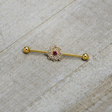 14G Clear Pink Gem Gold Tone Starry Flower Industrial Barbell 38mm