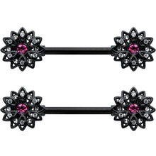 14G 9/16 Clear Gem Black Midnight Flower Barbell Nipple Ring Set
