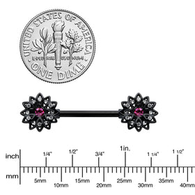 14G 9/16 Clear Gem Black Midnight Flower Barbell Nipple Ring Set