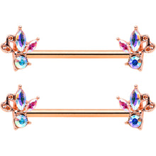 14G 5/8 Aurora CZ Gem Rosy Hue Fleur de Lis Butterfly Barbell Nipple Ring Set
