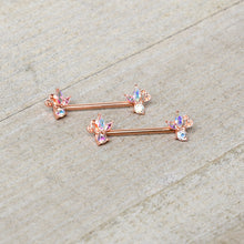 14G 5/8 Aurora CZ Gem Rosy Hue Fleur de Lis Butterfly Barbell Nipple Ring Set