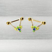 14G 9/16 Blue Gem Gold Hue Tropic Fan Chain Dangle Nipple Ring Set