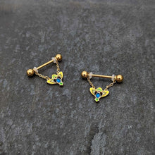 14G 9/16 Blue Gem Gold Hue Tropic Fan Chain Dangle Nipple Ring Set