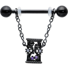 14G 5/8 Purple Gem Black Goth Hourglass Chain Dangle Nipple Ring Set