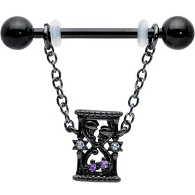 14G 5/8 Purple Gem Black Goth Hourglass Chain Dangle Nipple Ring Set