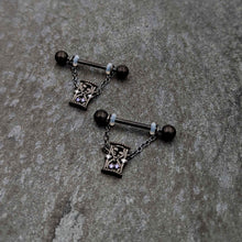 14G 5/8 Purple Gem Black Goth Hourglass Chain Dangle Nipple Ring Set