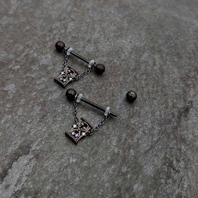 14G 5/8 Purple Gem Black Goth Hourglass Chain Dangle Nipple Ring Set