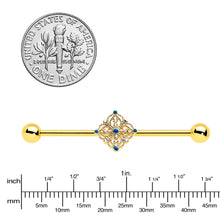 14G Blue Gem Gold Tone Texture Emblem Industrial Barbell 38mm