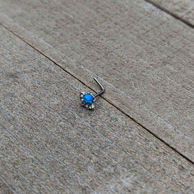20G 1/4 Blue Synthetic Opal Style Flower L Shape Nose Ring