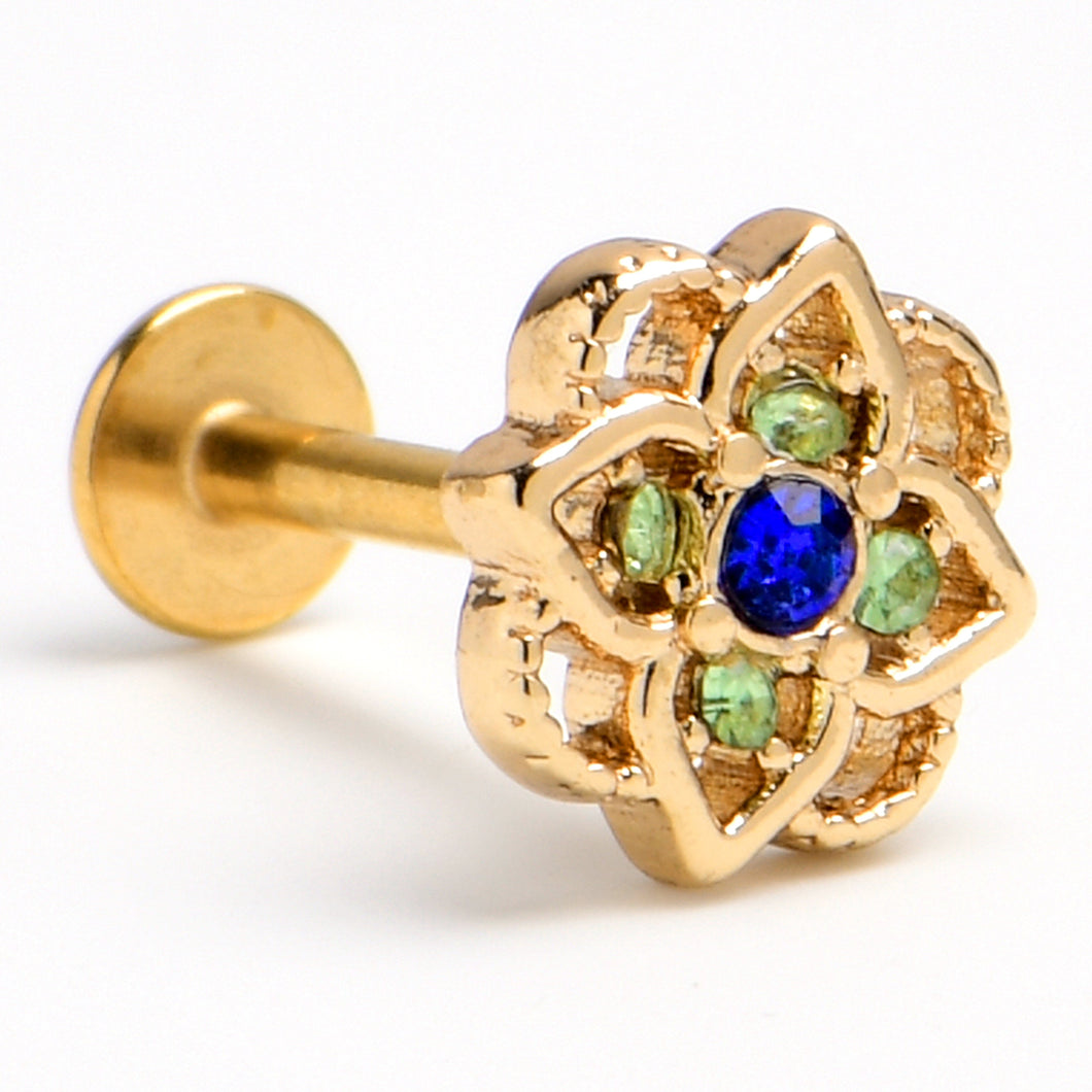 16G 5/16 Blue Gem Gold Tone Celtic Style Labret Monroe Tragus