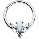 16G 3/8 White Faux Opal Style Flower Hinged Segment Ring