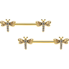 14G 9/16 Clear Gem Gold Tone Flying Dragonfly Nipple Ring Set