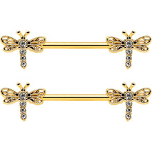 14G 9/16 Clear Gem Gold Tone Flying Dragonfly Nipple Ring Set