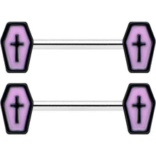 14G 9/16 Creepy Coffin Lt Purple Glow in the Dark Nipple Ring Set