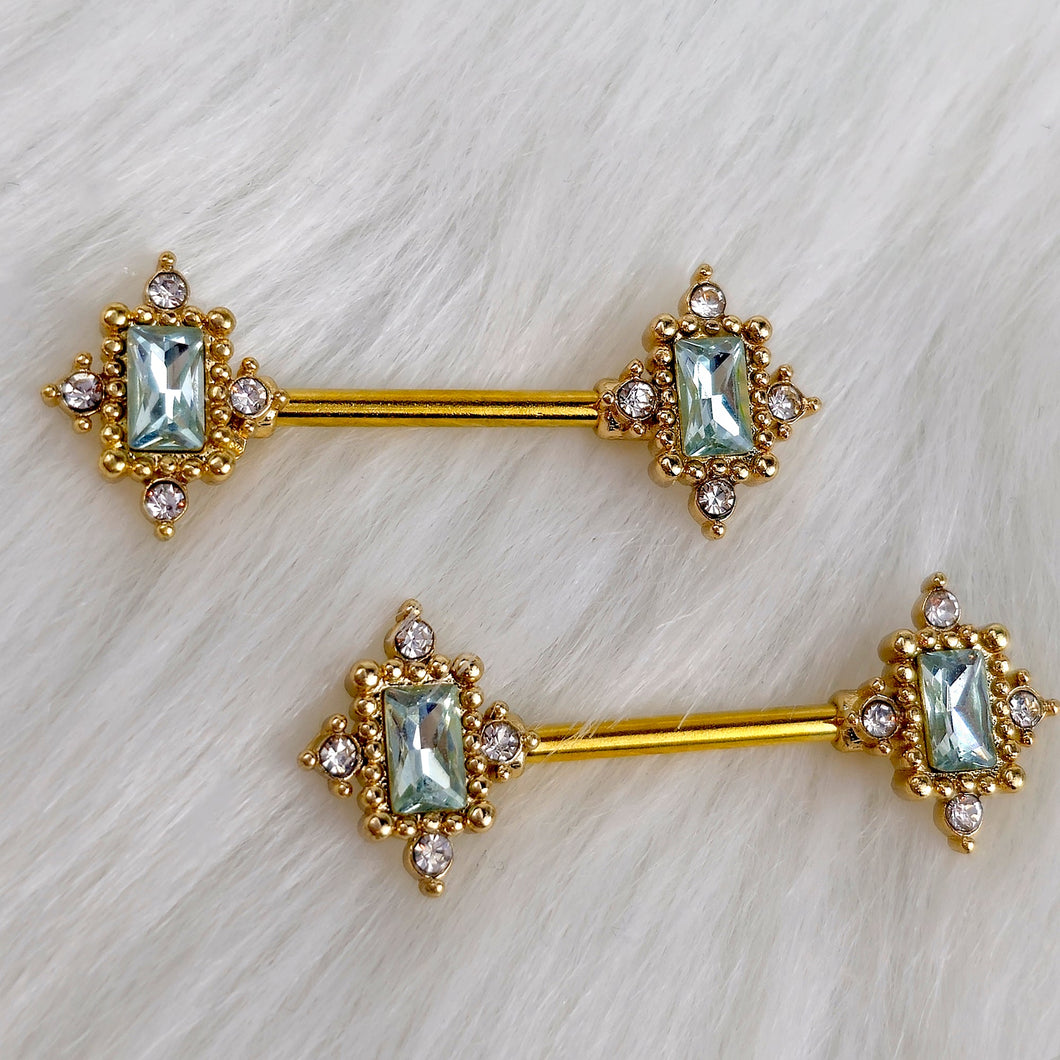 14G 9/16 Clear Gem Gold Tone Regal Seal Barbell Nipple Ring Set