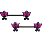 14G 9/16 Pink Gem Black Night Butterflies Barbell Nipple Ring Set