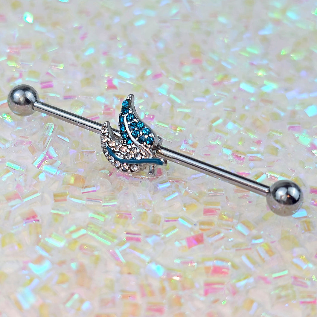 14G Clear Blue Gem Lovely Leaves Industrial Barbell 38mm