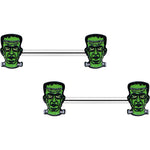 14G 9/16 Frankenstein Head Green Glow in the Dark Nipple Ring Set