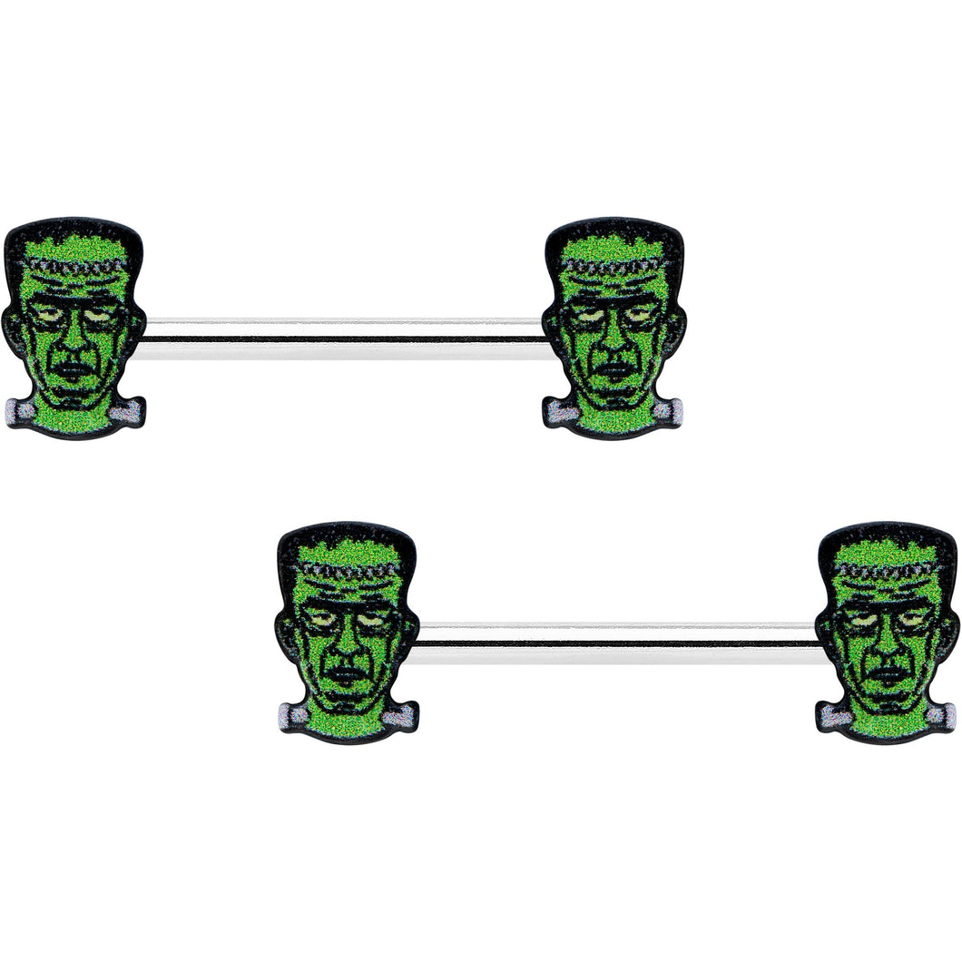 14G 9/16 Frankenstein Head Green Glow in the Dark Nipple Ring Set