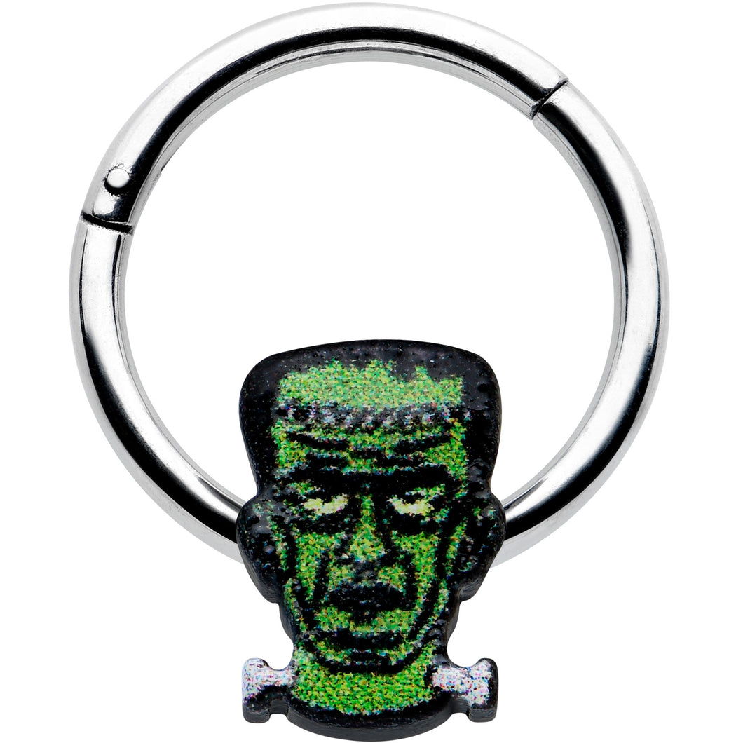 16G 3/8 Frankenstein Head Green Glow in Dark Hinged Segment Ring