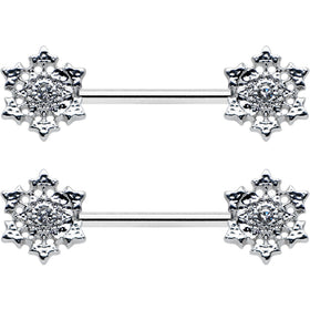 14G 9/16 Clear Gem Filigree Winter Snowflake Nipple Ring Set
