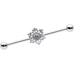 14G Clear Gem Filigree Winter Snowflake Industrial Barbell 38mm