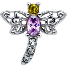 Purple Yellow Clear Gem Dragonfly Barbell Tongue Ring