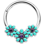 16G 3/8 Blue Gem Flower Trio Teal Petals Hinged Segment Ring