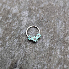 16G 3/8 Blue Gem Flower Trio Teal Petals Hinged Segment Ring