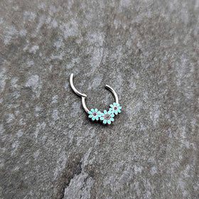 16G 3/8 Blue Gem Flower Trio Teal Petals Hinged Segment Ring