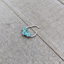 16G 3/8 Blue Gem Flower Trio Teal Petals Hinged Segment Ring