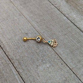 Clear Red Gem Gold Tone Decorated Holiday Tree Dangle Belly Ring