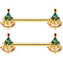 14G 9/16 Red Gem Gold Hue Deco Holiday Tree Barbell Nipple Ring Set