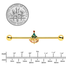 14G Red Gem Gold Tone Deco Holiday Tree Industrial Barbell 38mm