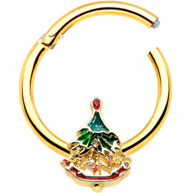 16G 3/8 Red Gem Gold Tone Deco Holiday Tree Hinged Segment Ring