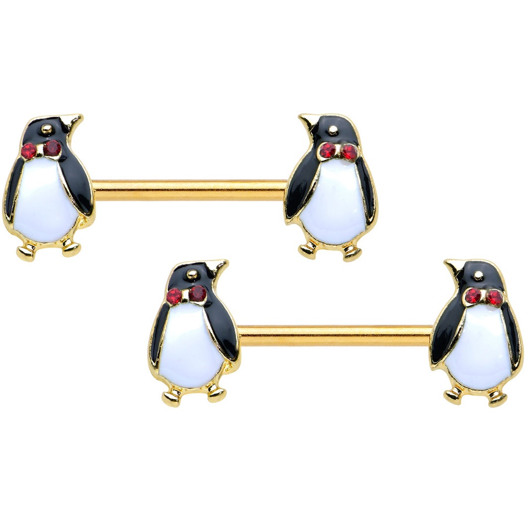 14G 9/16 Red Gem Gold Hue Bow Tie Penguin Barbell Nipple Ring Set