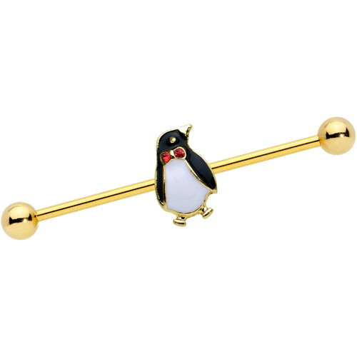 14G Red Gem Gold Tone Bow Tie Penguin Industrial Barbell 38mm