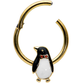 16G 3/8 Red Gem Gold Tone Bow Tie Penguin Hinged Segment Ring